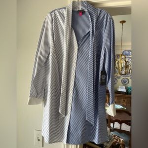 Vince Camuto blue and white stripe shift dress with sleeves and neck ties